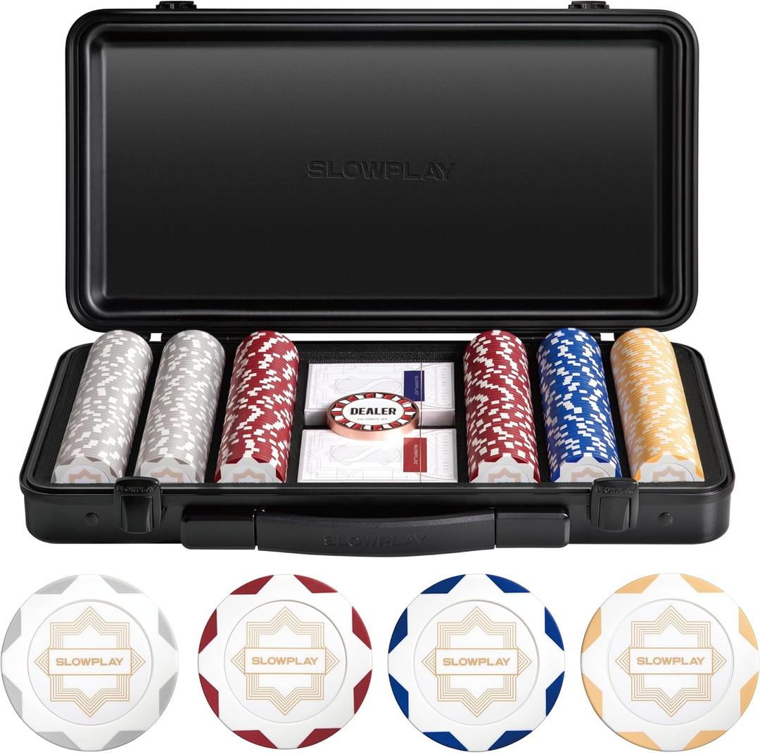 SLOWPLAY Nash 14g Clay Poker Chip Set for Texas Hold'em, 300 PCS [Blank Chips - White Gold Edition] Features a Premium Case with Durable German Polycarbonate Shell
