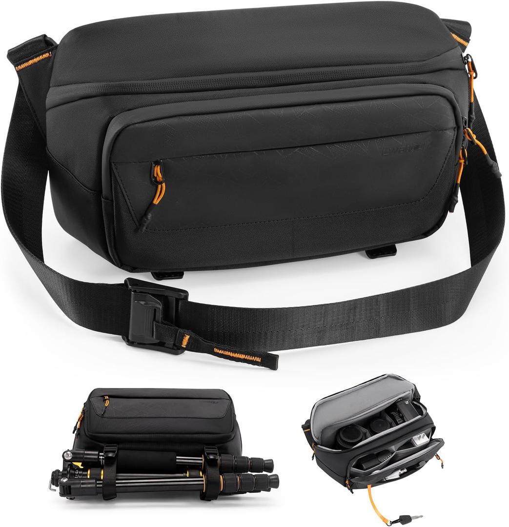 Cwatcun Camera Sling Bag, DSLR Compact Camera Shoulder Bag Crossbody with Tripod Strap, Photography Bag Case Purse for Canon Nikon Sony Fuji DSLR/SLR/Mirrorless Cameras (Medium, Black)