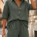 LILLUSORY Women 2 Piece Linen-feel Short Set Summer Outfit, Army Green Small