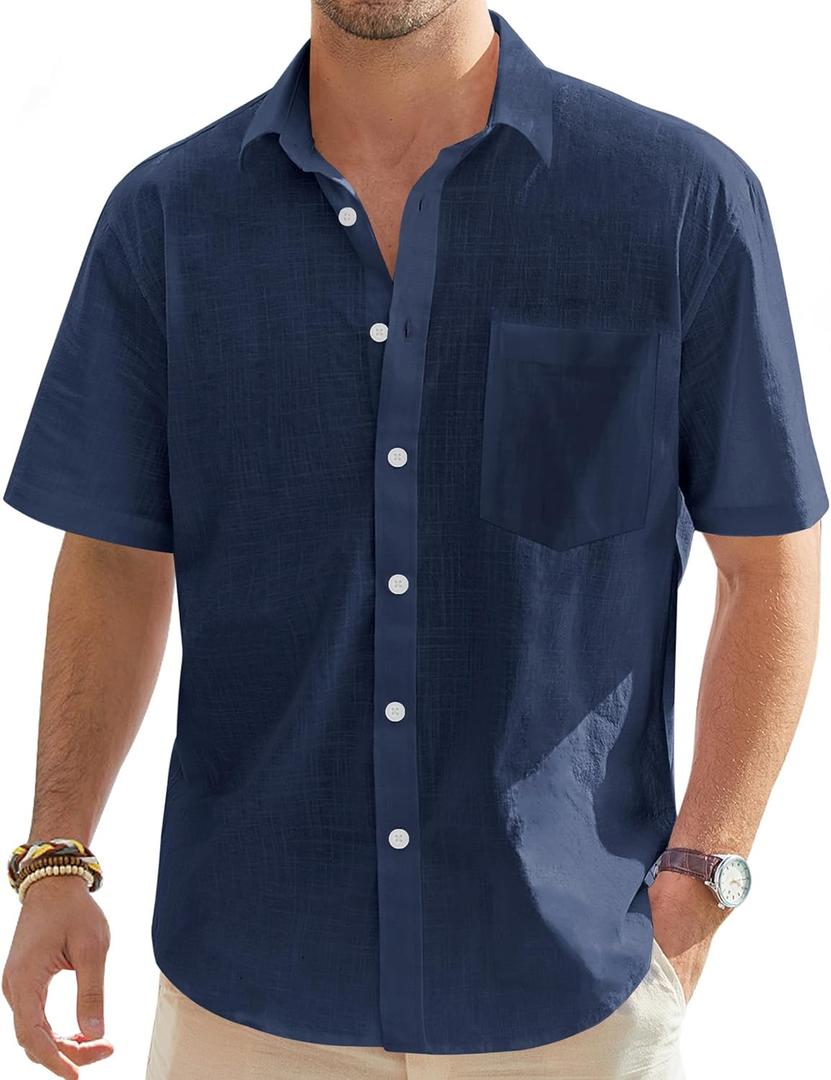 J.VER Men's Linen Short Sleeve Shirts Cotton Casual Lightweight Button Down Shirt Beach Vacation Summer Tops with Pocket (Blue, XXXL)