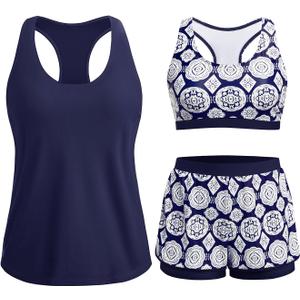3 Piece Tankini Swimsuits Women - Athletic Swim Tank Top with Bra and Boyshorts Bathing Suits Modest Swimwear 2026 (Medium, Navy Geometry)