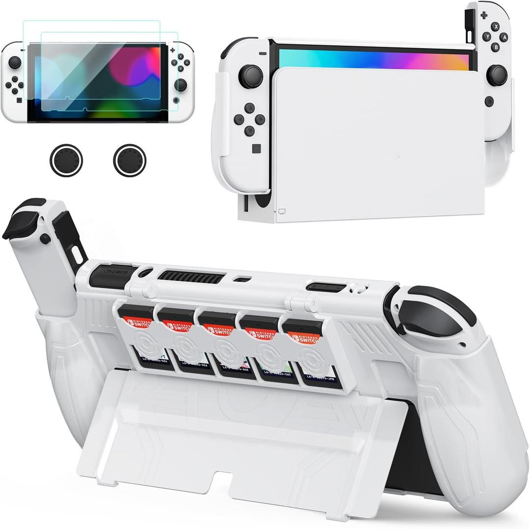 JEMDO Dockable Protective Case for Nintendo Switch OLED 2021 with 5 Game Card Slots,Ergonomic Comfort Grip,Shockproof Dockable Cover Accessories, Tempered Glass, Joy-Con Thumb Grips (White-Set)