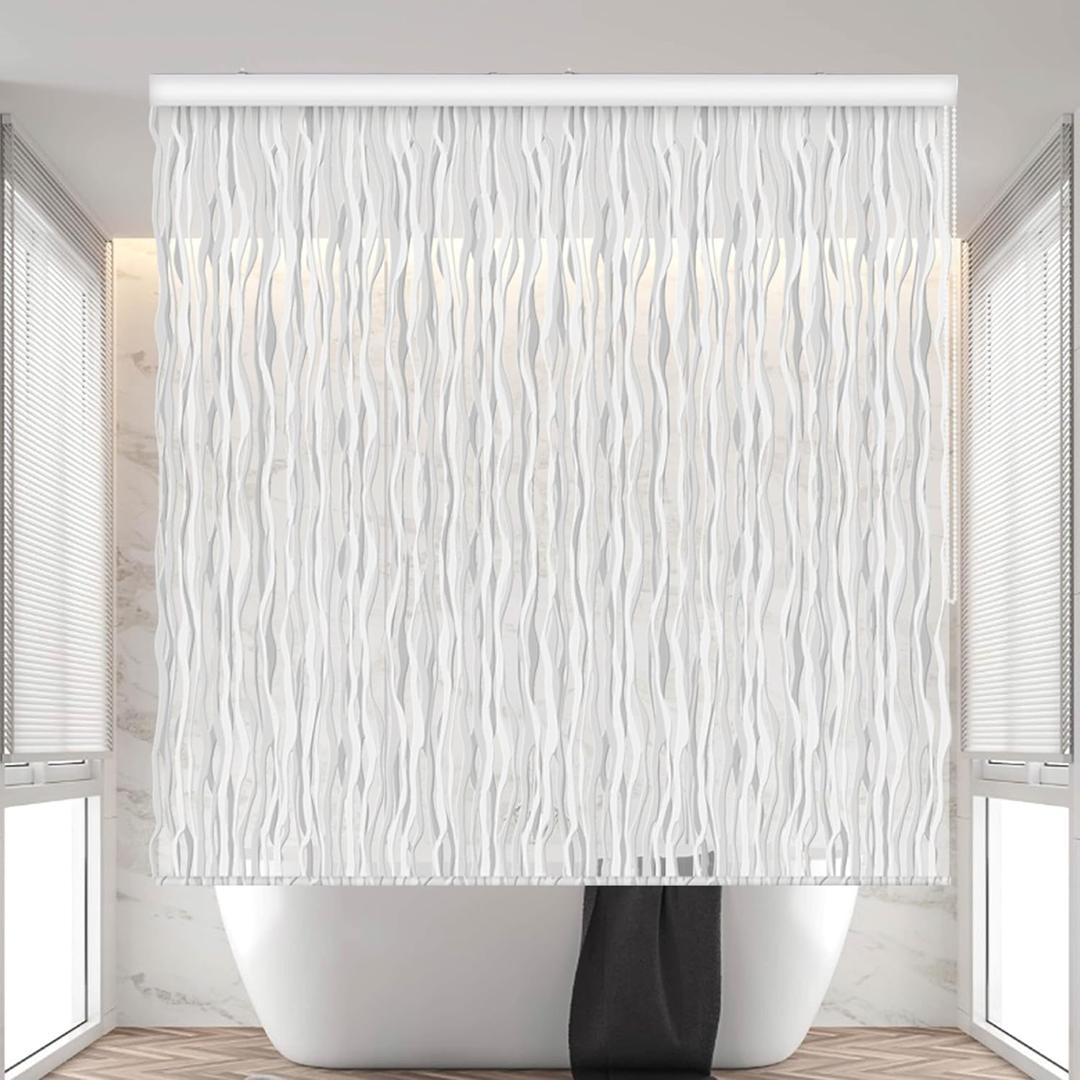 Ceiling Mounted Rollup Bathroom Shower Curtain/Liner 56" Base Up to 95" Long - Use for 9' Ceilings Waterproof PEVA Plastic Shower Curtains for Bathroom No Rod, Hooks or Rings (Wave)
