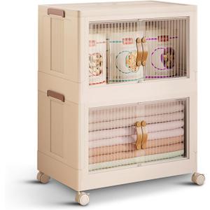 2 Tier Plastic Stackable Storage Bins Open Front with Lids & 360° Wheels 35 QT - Collapsible Storage Bins Home Office Closet Storage Organization, Foldable Clothes Storage Cabinet, 8.8 GAL