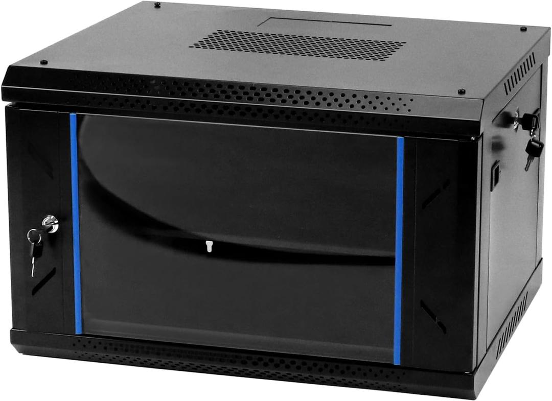 QWORK 6U Network Server Cabinet Enclosure, Wall Mount Server Cabinet Network Rack Vented Enclosure, for 19" IT Equipment, A/V, with Lockable Glass Door & Removable Side Panels, Black