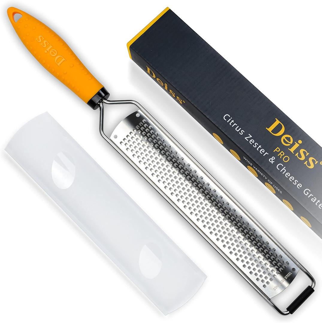 Deiss PRO Lemon Zester & Heavy Duty Cheese Grater & Vegetable Grater - Parmesan Cheese Lemon, Garlic, Nutmeg, Chocolate, Fruits, Vegetables, Ginger Grater - Cheese Shredder & Stainless Steel Grater