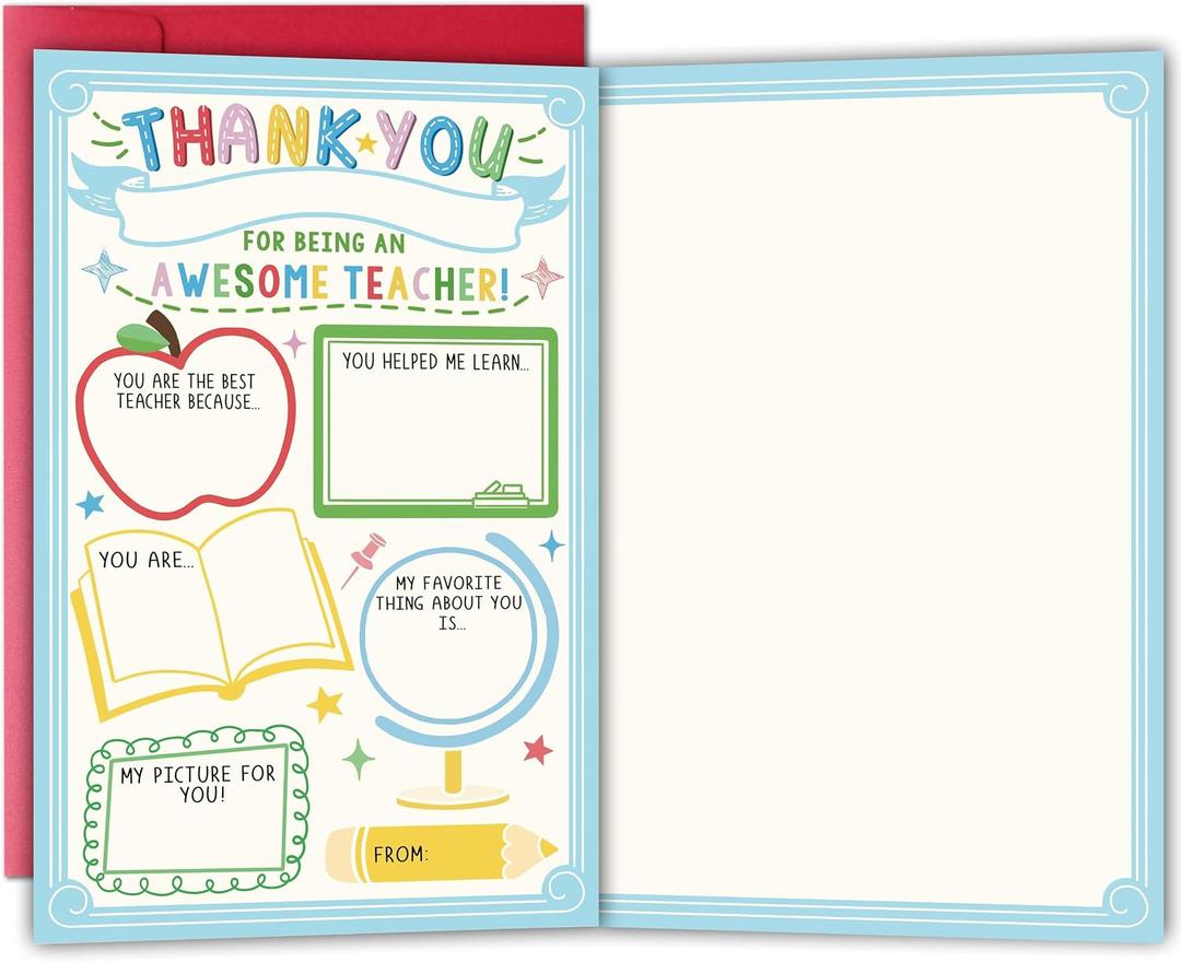 3 x Thank You Card Gift for Teacher, Fill in the Blank Appreciation Card from Kids, Interactive Thank You Gift for School Students, Cute End of Year Teacher Thank You Cards, 8.1 x 5.3 inches