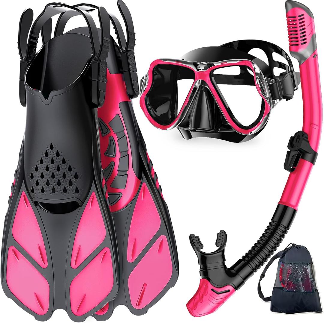 Mask Fins Snorkel Set, Snorkeling Gear for Adults, Panoramic View Snorkel Mask Anti-Fog, Adjustable Dive Flippers, Dry Top Snorkel and Travel Bag, Scuba Gear for Swimming Snorkeling Diving (Small-Medium, Pink Black)