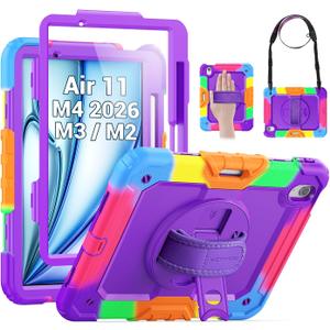 SEYMAC Kids Case for iPad Air 11 Inch M4 / M3 / M2 (2026/2025 / 2024), Heavy Duty Shockproof Protective Case with Screen Protector, Rotating Stand and Hand/Shoulder Strap, Colorful Purple