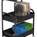 Rolling Cart with Wooden Tabletop, 3 Tier Metal Utility Cart, Rolling Storage Organizer Cart with Lockable Wheels for Kitchen, Office, Bedroom (Black) (11.8"D x 16.5"W x 29.2"H)