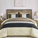 Anibedding 7 Pieces Striped King Size Comforter Set, Soft Microfiber Down Alternative Farmhouse Bedding All Season with Comforter, Pillow Shams, Flat Sheet, Fitted Sheet and Pillowcases (Brown-beige)