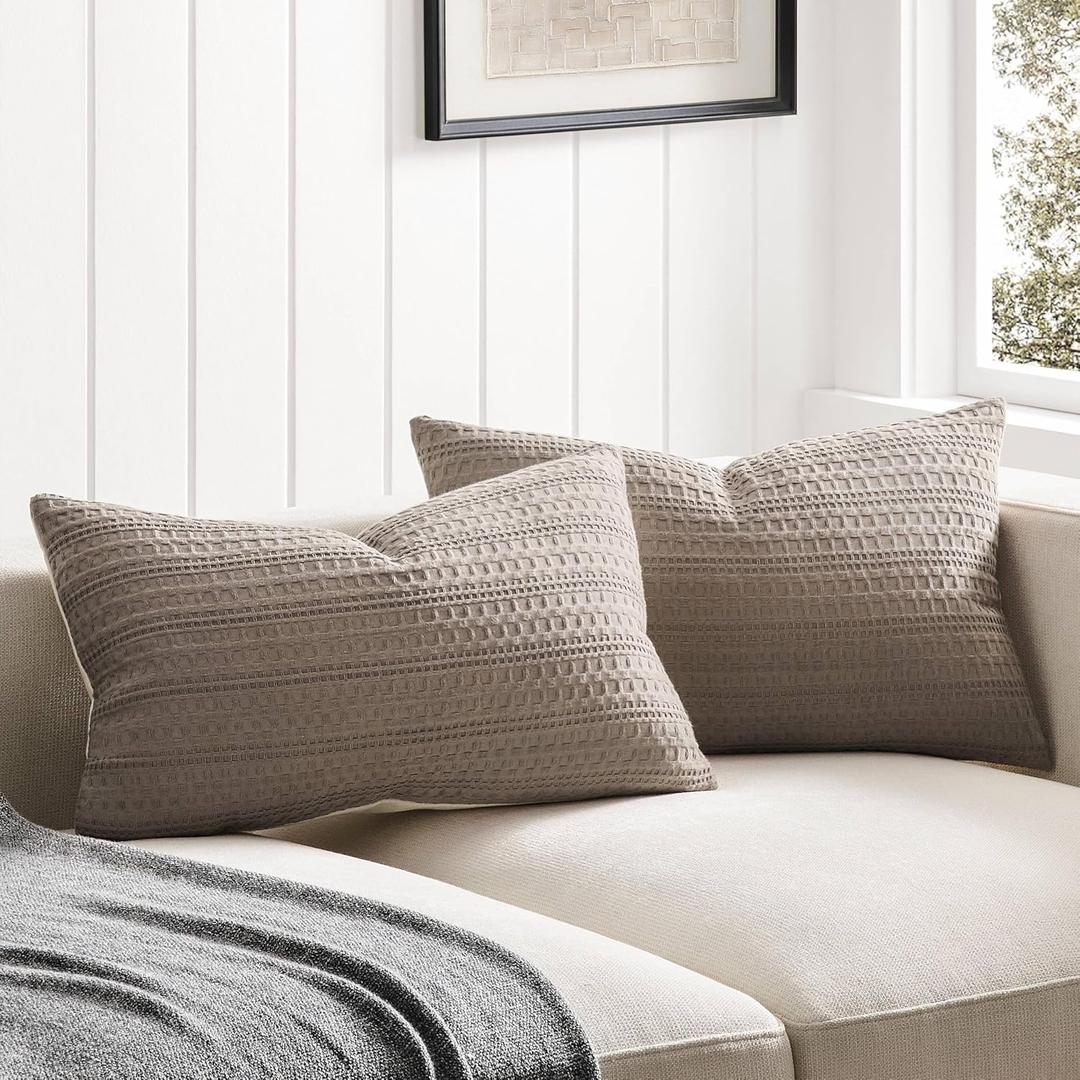 ZeeMart 100% Cotton Waffle Textured Lumbar Throw Pillow Covers Set of 2, 12x20 Inch Cocoa Brown, Soft Farmhouse Decorative Couch Pillow Cases Brown Cushion Covers for Sofa Bed Living Room Home Decor