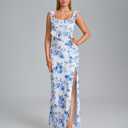 VKIHOC Summer Floral Wedding Guest Maxi Dress Ruffle Sleeve Split Lace Up Formal Long Dresses for Women 2026 (S)