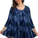 MONNURO Womens Plus Size Henley Shirts Button Up V Neck Pleated Tunic Tops Casual Blouse 3/4 Sleeve (Blue, XXXL)