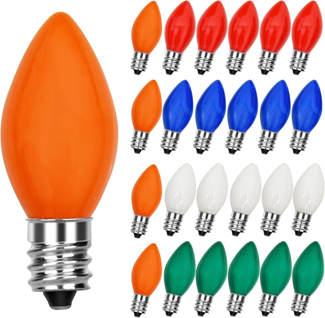 3 x 25 Pack C7 Christmas Replacement Bulbs, Multicolor Christmas Bulbs Vintage Ceramic Lights for Indoor Outdoor Patio Christmas Party String Lights, 5W Incandescent Night Light, C7/E12 Candelabra Base