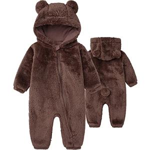 Baby Boy's Fleece Snowsuits Cute Bear Cartoon Jumpsuits Winter Hooded Rompers With Zipper Brown 3-6M