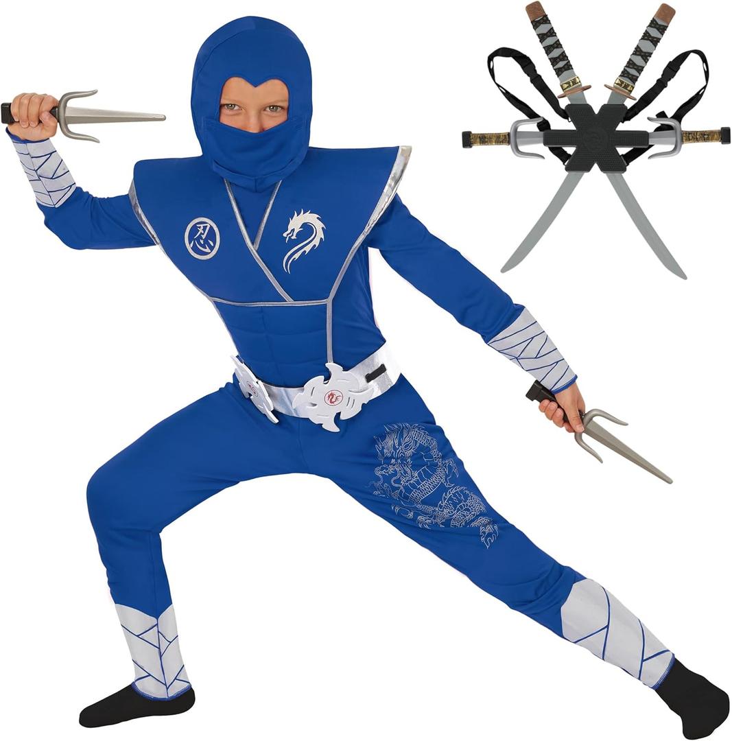 Morph Deluxe Boys Ninja Costume With Ninjas Toy Swords Accessory, Kids Ninja Costumes, Boy Halloween Costume (3-4 Years, Blue)