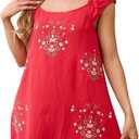 Linen Mini Cute Dress Women Floral Embroidered Dress with Crew Neck and Sleeveless Casual Guest Vintage Dresses (Red, M)