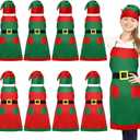 Ramede 16 Pcs Christmas Elf Apron and Hat Set, 8 Aprons and 8 Hats Elf Costume Kits Accessories (Green, Red)