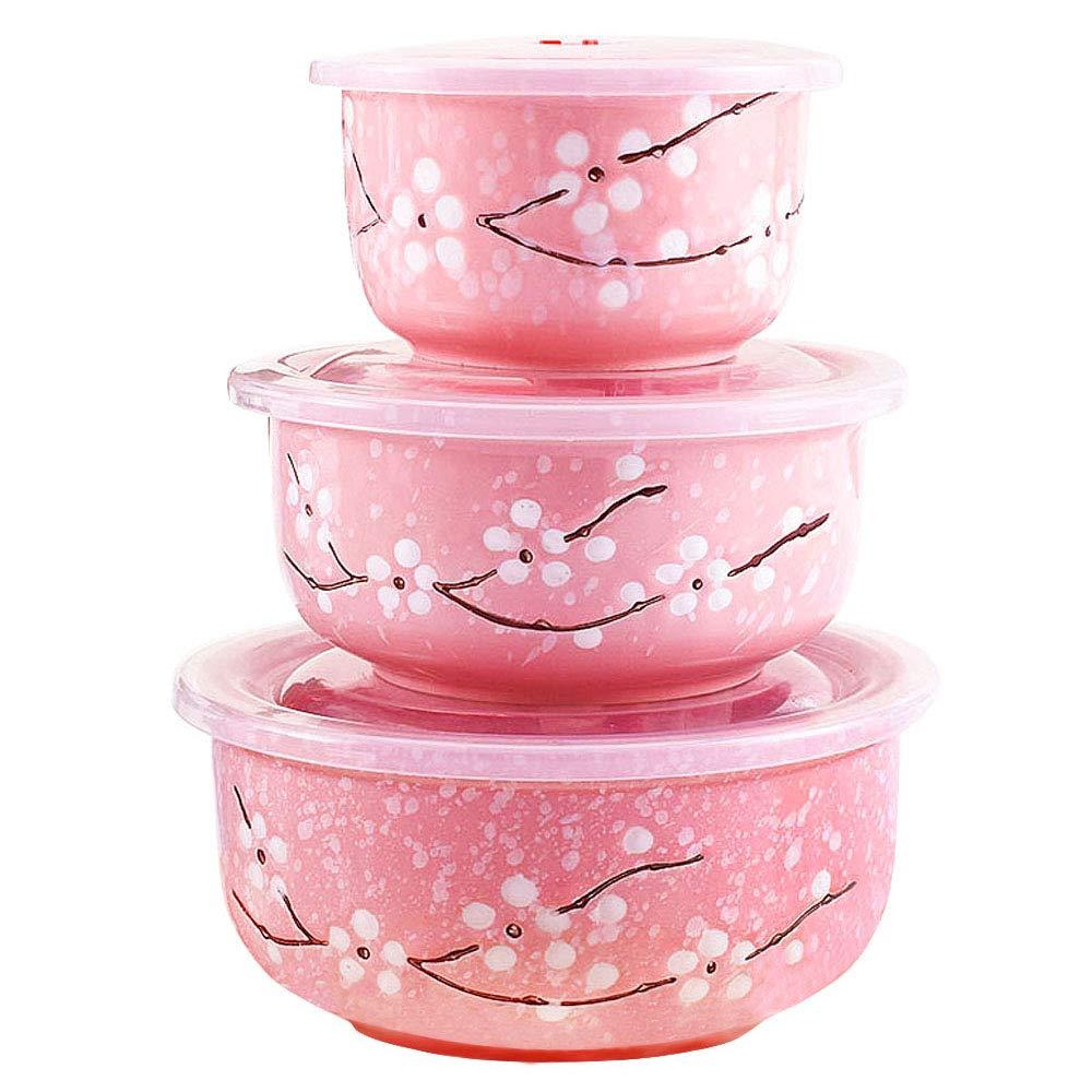 Whitenesser Food Storage Containers with Lids, Pink Ceramics Bowls Set with Lids  Japanese Microwave Nesting Mixing Bowls Set Serving Soup Salad Snack Noodle Friut(3 Piece Set)