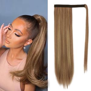 BARSDAR Brown Highlight Straight Ponytail Extension - 26 Inch Long Straight Wrap Around Ponytail for Women Clip in Ponytail Hair Extensions Synthetic Hair Pony Tails Hairpieces Daily