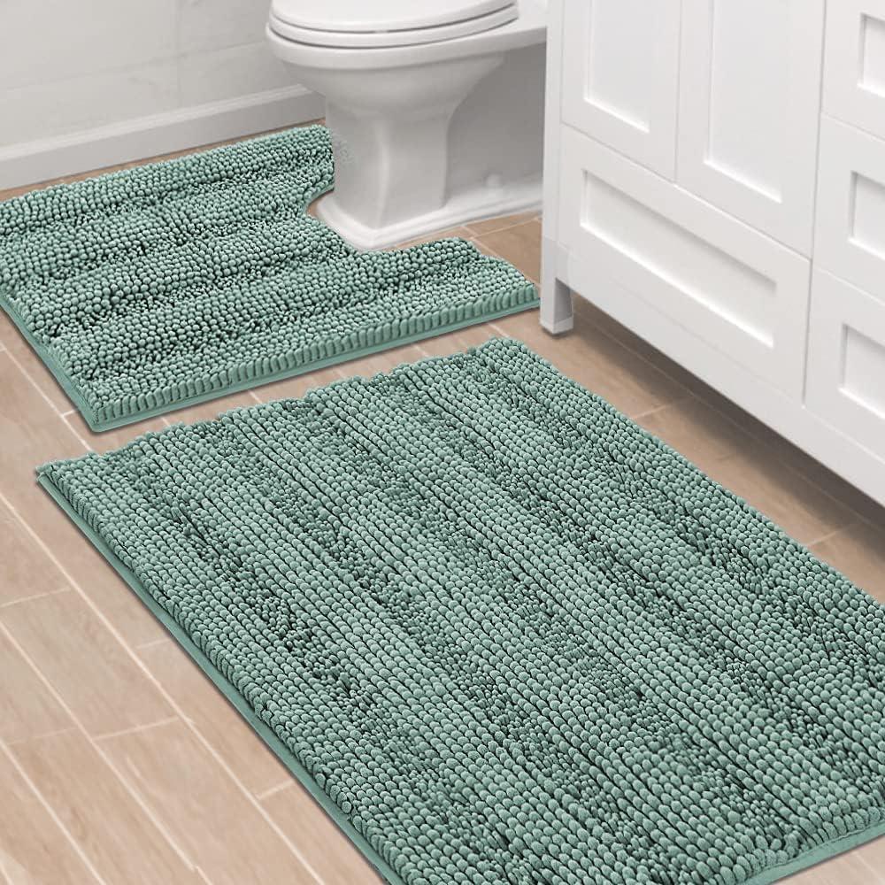 H.VERSAILTEX Bathroom Rugs Bath Rug Set 2 Piece Bathroom Contour Rug Toilet Mat Sets Non Slip Contour Bath Rug Ultra Thick Water Absorbent Striped Bath Mats(36" x 24" Plus 20" x 24" U, Eggshell Blue)