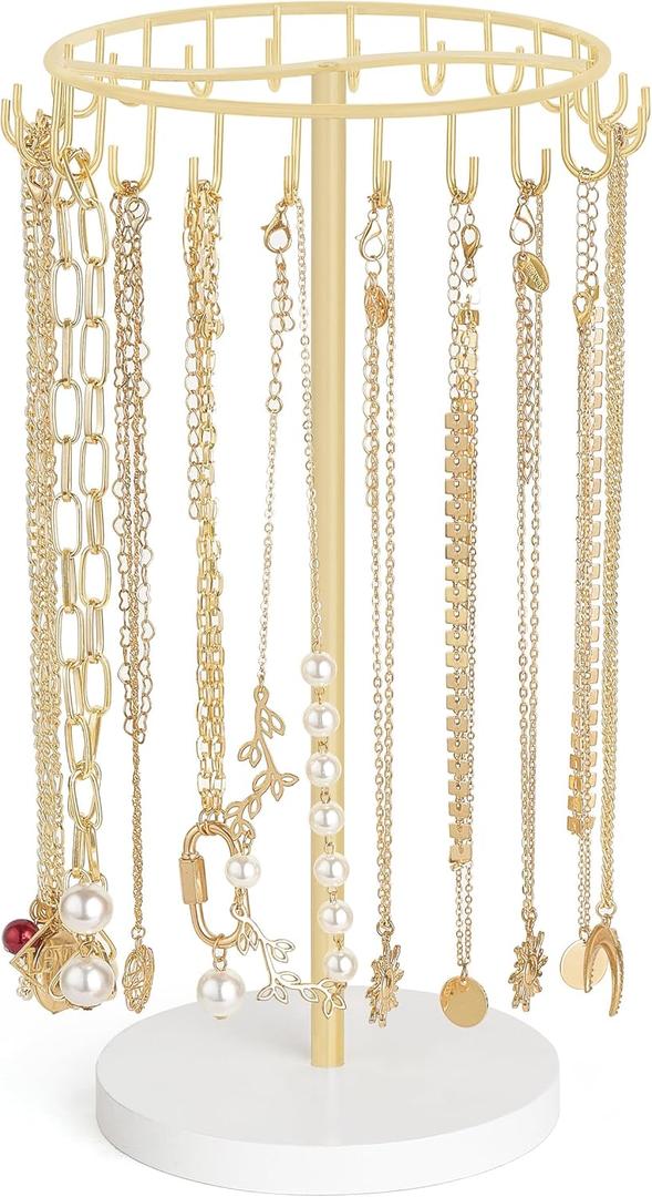 Mkono Necklace Holder Metal Jewelry Display Stand Necklace Organizer with 22 Hooks for Storage and Hanging Bracelet Keychain Home Room Decor for Women,Gold