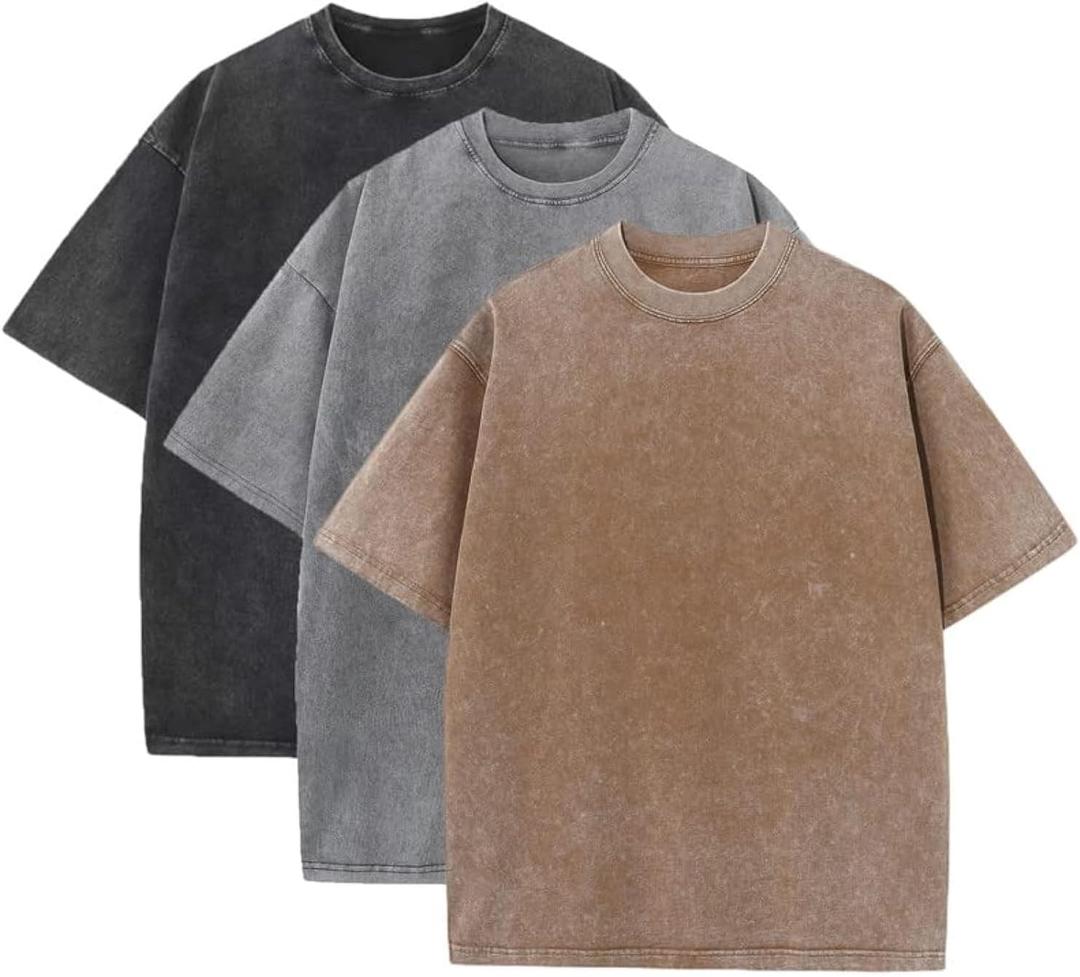 3 Pcs Men's Oversized Heavy Cotton Summer T-Shirts Vintage Tee Loose Fit Short Sleeve Casual Tshirts for Men Women (Large, Black + Gray + Coffee)