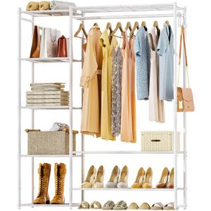 Neprock Clothing Racks for Hanging Clothes with Shelves, Portable Closet System Organizer Garment Rack for Clothes Storage, Metal Free Standing Wardrobe Clothes Organizer(White) (Medium)