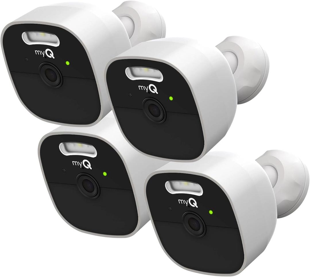 MyQ Outdoor Battery Camera | 2K Camera, Color Night Vision, Spotlight, Motion Alerts, Live View with Two-Way Talk, Wireless, Weather-Resistant, Outdoor, White, 4 Pack