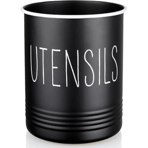 Kitchen Utensil Holder, 6.7" Utensil Holder for Kitchen Counter, Cooking Utensil Crock with Cork Bottom, Modern Farmhouse Decor, Countertop Utensil Storage Organizer Caddy, Black