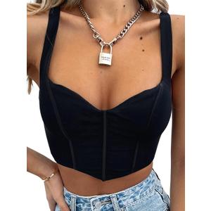 Women Y2k Corsets Square V Neck Double Lined Crop Tank Top Sexy Dance Tops (Medium, 01-black)