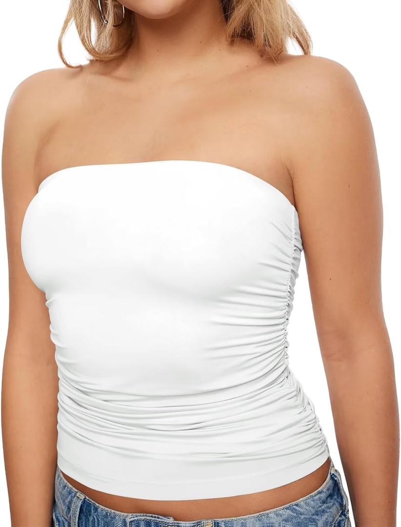 KKJ Womens Strapless Tube Tops Ruched Bandeau Stretchy Basic Going Out Summer Shirts Crop Tank Top, Small