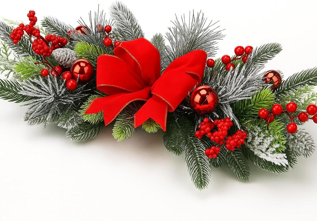 24'' Christmas Table Centerpiece Christmas Swag Decoration with Berries Pine Cone Red Bow Xmas Balls Cedar Artificial Decorative Swag for Dining Table Fireplace Mantel Front Door Wall Windows