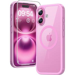 TAURI 3 in 1 for iPhone 16 Case, Compatible with MagSafe [Anti-Yellowing] with 2X Screen Protectors, Military-Grade Protection, Shockproof Slim Magnetic Phone Case for iPhone 16 6.1", Pink