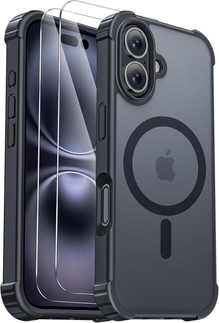 for iPhone 16 Case [Compatible with MagSafe] [2X Screen Protectors] [Military Grade Drop Tested] Heavy Duty Magnetic Phone Case for iPhone 16 6.1",Black