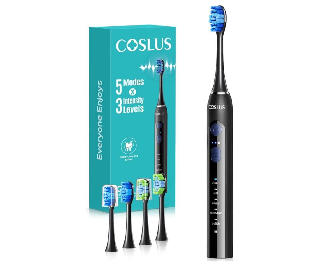 COSLUS Sonic Electric Toothbrush for Adults: 3 Intensities & 5 Modes Customized for Effective Yet Gentle Cleaning - 2 Types of Heads for Gentle or Daily Care, Travel & Family Home Use, Black, 1PC