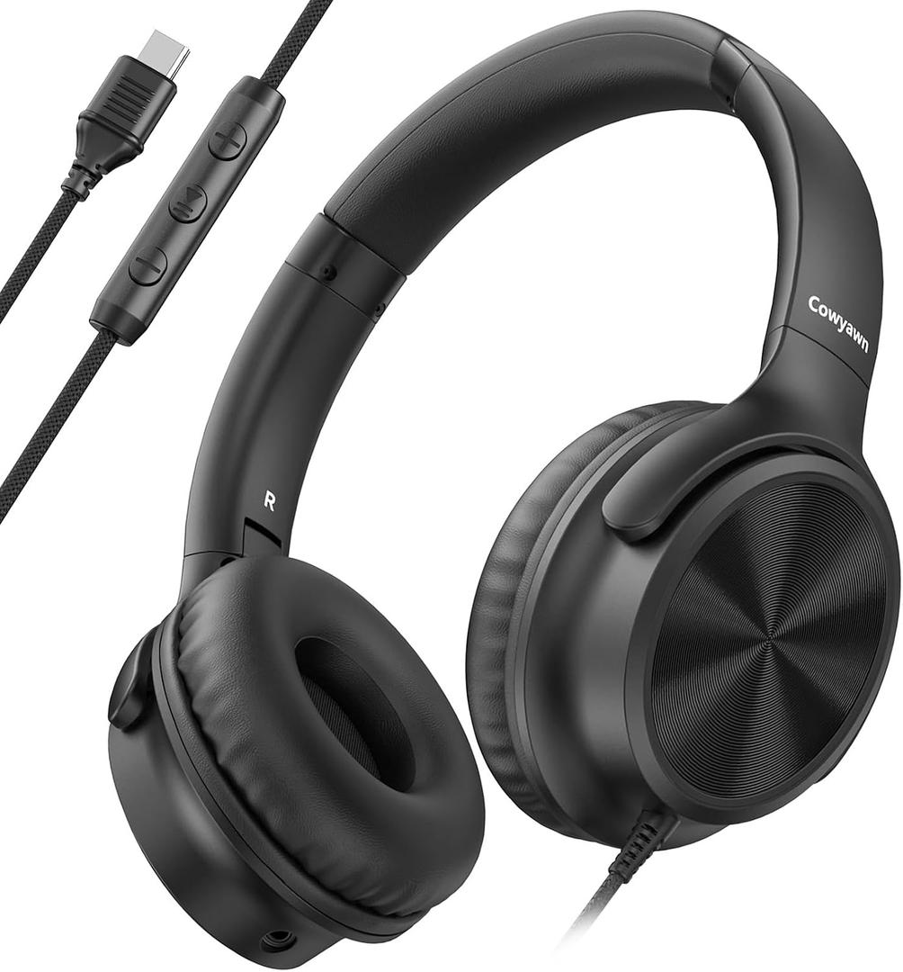 Cowyawn USB C Headphones Wired, Over Ear USB C Wired Headphones with Microphone, Volume Control, HD Stereo Sound, Foldable USB Type C Headphone for Adult/Teens/Laptop/Computer/iPhone 15/16/17, Black