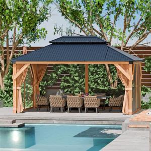 GarveeLife Hardtop Wood Gazebo 12 ft x16 ft for All Weather, with Double Metal Roof, Heavy Duty Wooden Frame, Net, and Curtain, Permanent Building for Patio, Deck, Backyard, Lawn, and Garden