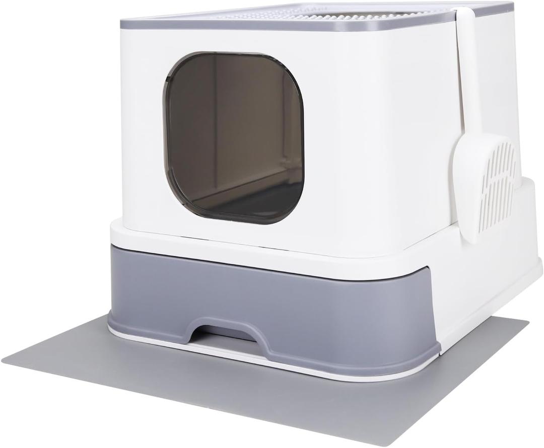RIZZARI Large Cat Litter Box: White Plastic Top-Entry Cat Box - Leak-Proof Enclosed Design Reduces Odor for Bedroom Living Room