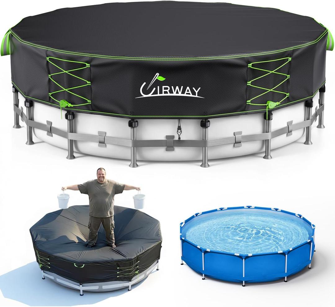Uirway 12ft Round Pool Cover 600D Upgraded for Above Ground Pools, Solar Pool Cover with Windproof Reflective Lace-Up Drawstring, Swimming Pool Covers UV Protection, with Anti-Slip Straps