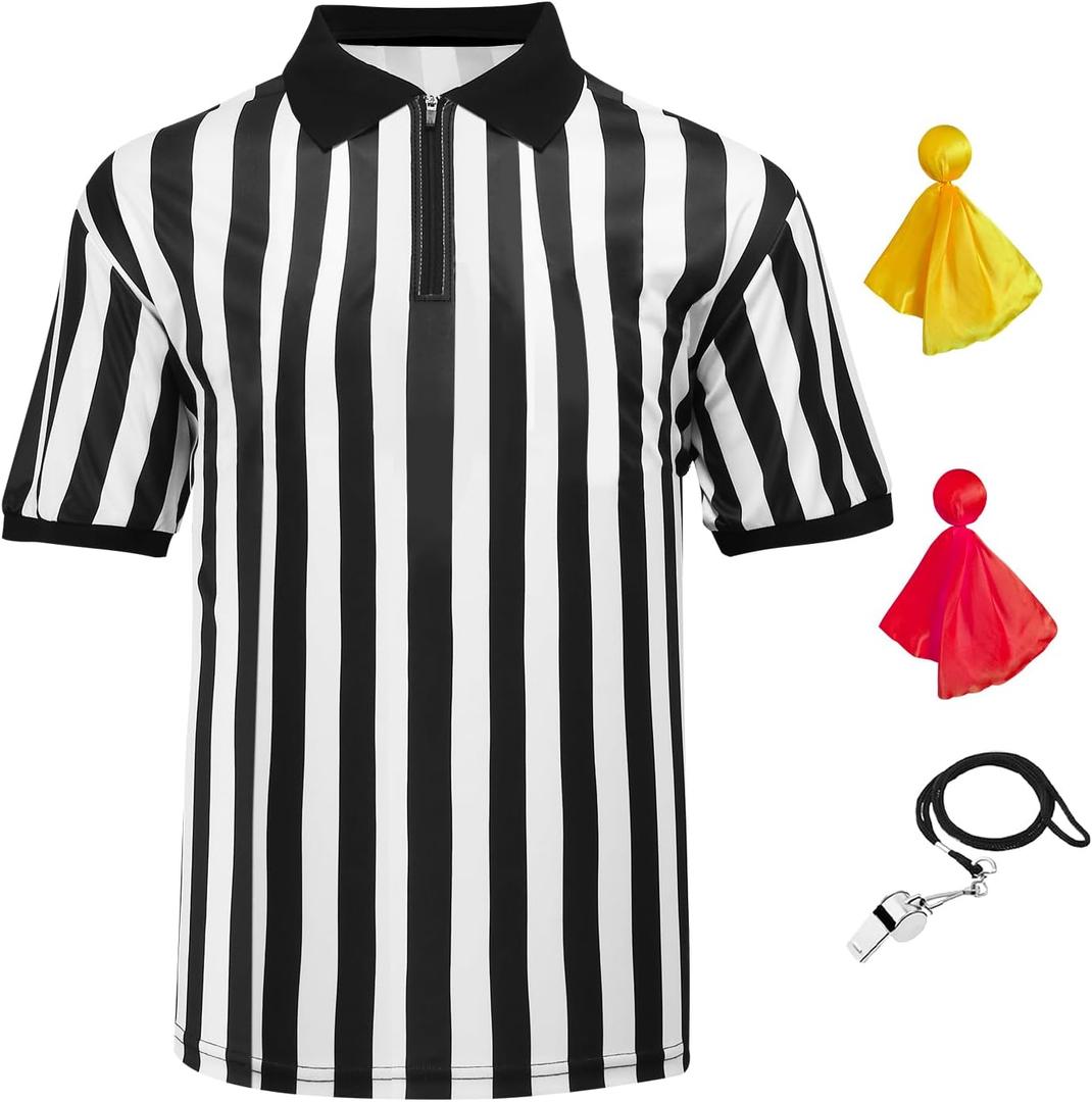 4 Pcs Men's Official Referee Costume Set Zipper Ref Shirt Stainless Whistle with Lanyard Red & Yellow Penalty Flag (Large)