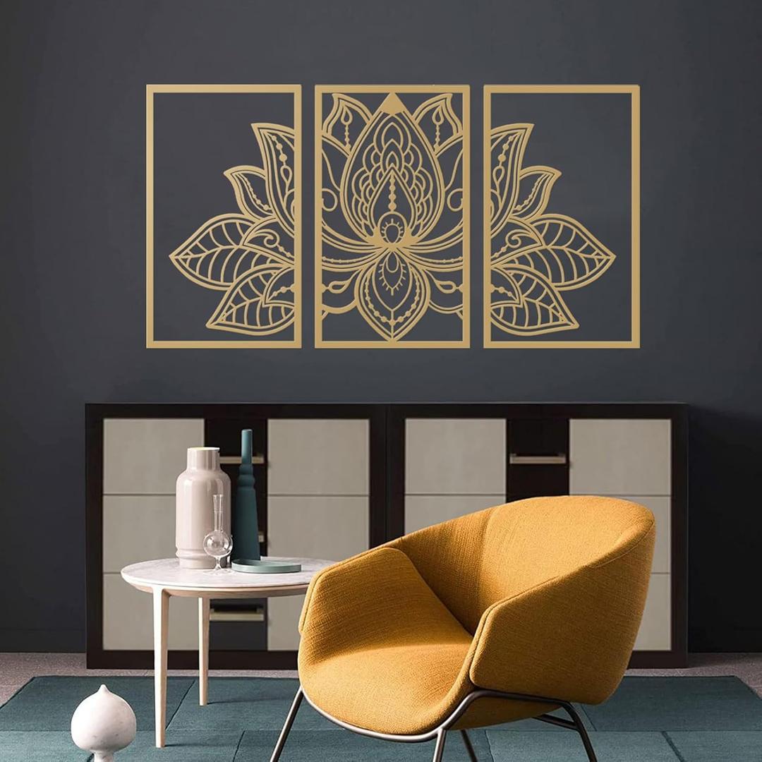 Resama 3 Pcs Lotus Flower Wall Art Decor Metal Mandala Wall Decor Unique Lotus Flower Wall Art for Living Room, Bedroom, Office and Yoga Room Hanging Decor(Gold,Large) (43L" x 22W")