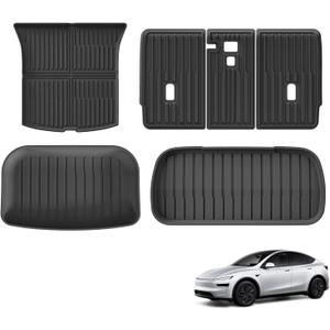SMABEE Front & Rear Cargo Mat & Trunk Lower Mat & Backrest Mat for 2025 2026 Tesla Model Y Juniper 5 Seater (Not fit Standard) TPE All Weather Floor Liners Trunk Mat Car Accessories Interior Black