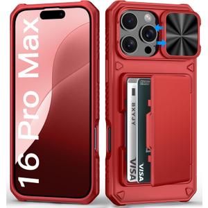 BXYJY for iPhone 16 Pro Max Wallet Case with Camera Cover, Built-in Card Holder (4-5 Cards) & Military Grade Protection, Heavy Duty Women Men Protective Phone Case for iPhone 16 Pro Max, Red