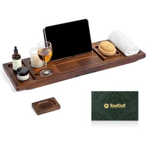 Teak Bathtub Tray, Bath Caddy with Wine Glass Holder, Phone Dock & Book Stand | Hands-Free Reading & Ultimate Spa Relaxation Experience-Brown
