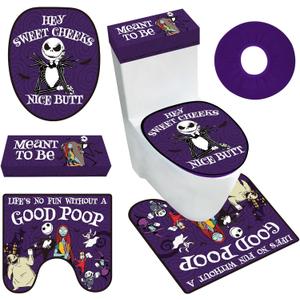 Nightmare Before Halloween Bathroom Decorations, Set of 4 Halloween Toilet Seat Cover Sets with Toilet Lid Cover Toilet Seat Cover Tank Cover, Jack Sally Nightmare Christmas Home Party Decor