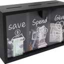 Wooden Give Save Spend Money Saving Box for Kids, Money Coin Savings Piggy Bank Jar Box for Kid Safe Money Saver, Teach Children About Giving Saving Giving Money Piggy Box for Boys Girls, Black