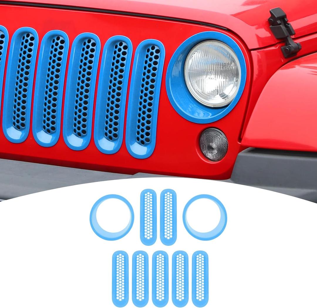  Jeep JK Front Grille Inserts & Headlight Cover Trim Ring for Jeep Wrangler JK JKU 2007-2017 Light Blue Exterior Accessories 9pcs