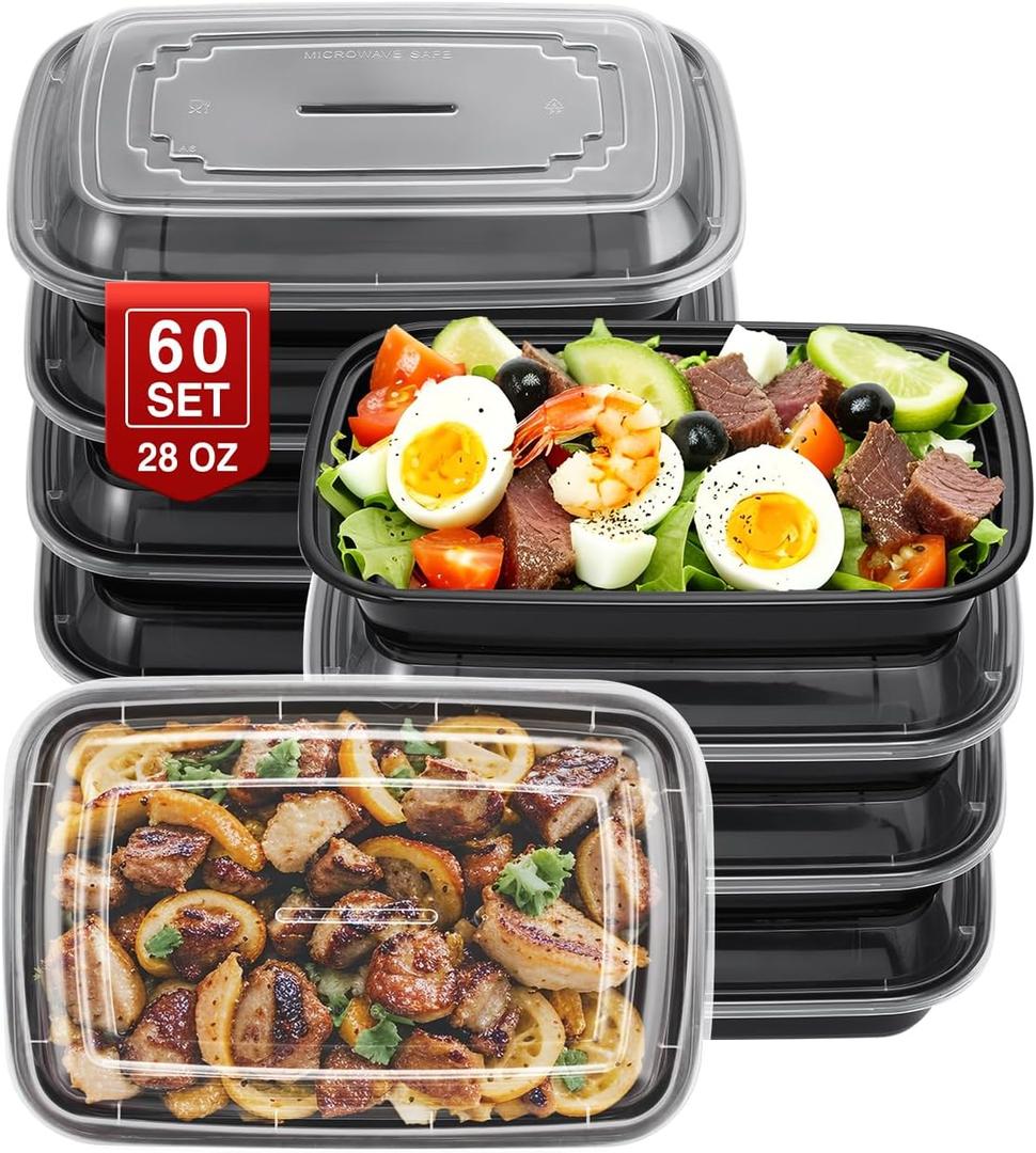 60 Sets 28oz Meal Prep Container - Reusable Plastic Food Storage Containers with Lids, Fits Microwave, Freezer and Dishwasher Safe (1 Compartment-28oz)